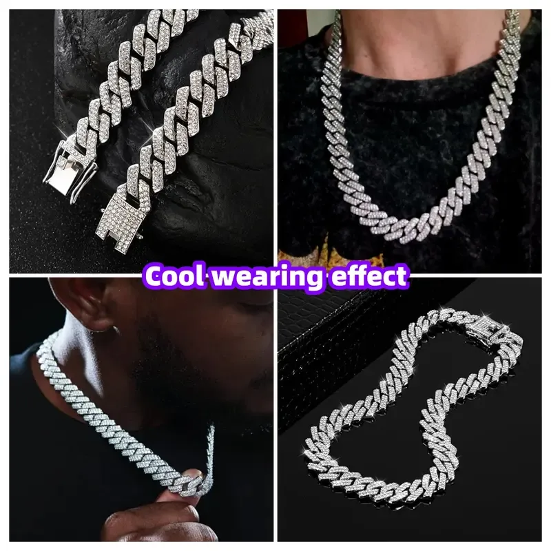 Iced Out Cuban Link Chain for Men, Silver Plated Hip Hop Diamonds Necklace - Streetwear Jewelry, Cool Gifts for Guys, Men's Accessories, Accessories Adults