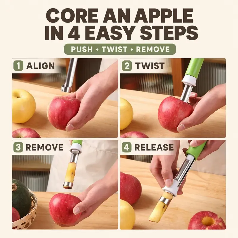 2-in-1 Dual Function Kitchen Utensil, Stainless Steel Handheld Fruit Peeler & Apple Corer with Comfort Grip for Potatoes, Apples, Avocados, and Everyday Prep