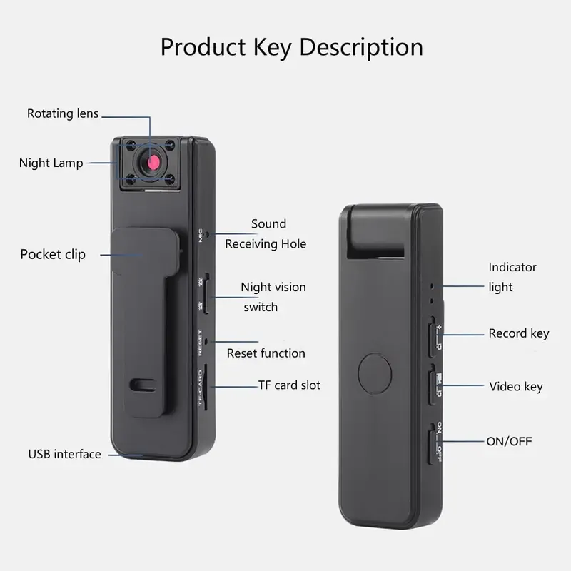 Wireless Vlog Body Camera With 16G SD Card, 1080P Camcorder, Wearable Body Cam with Night-Vision & 180° Rotation Lens, Portable Sport DV Camcorder for Outdoor Sport Skiing Cycling Hiking（No APP）
