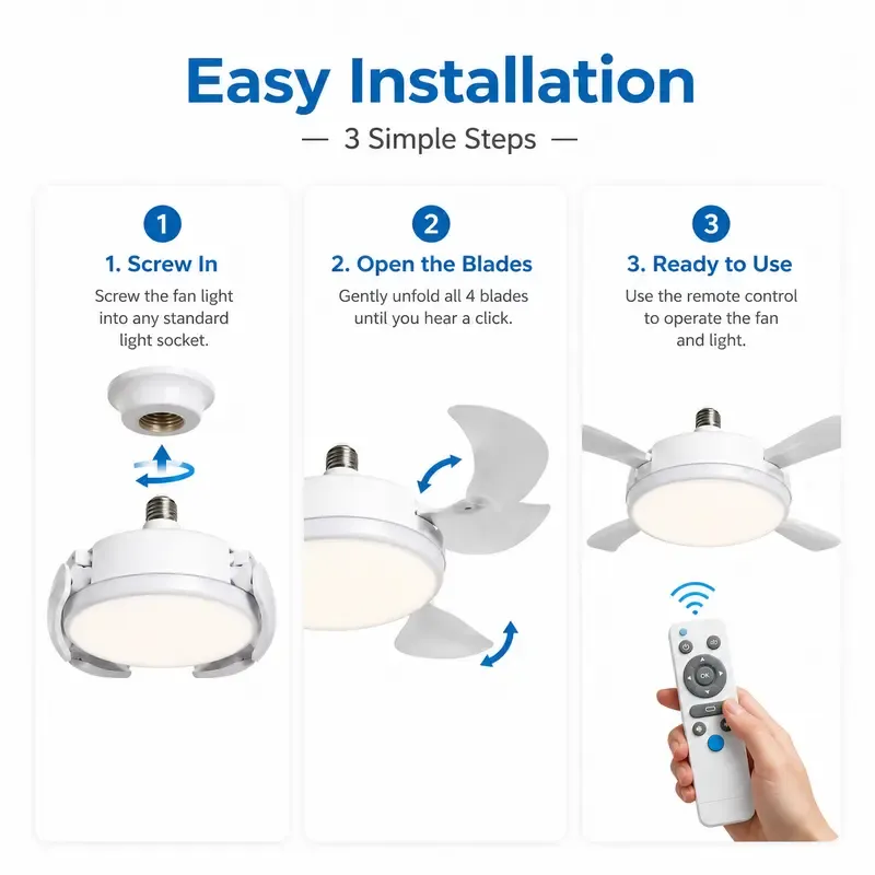 Ceiling Fan Light with Remote Control, 19.69 Inch Screw in LED Fan Light, Foldable Ceiling Fan with 4 Fan Heads, Quiet Airflow & Bright Lighting, Easy Installation for Bedroom, Living Room, Kitchen, Office, Dorm, Small Room Use