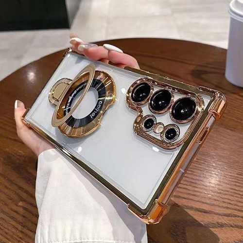 Electroplated Transparent Four Corners Anti-Drop Magnetic Phone Case for Samsung S24 Ultra Plus With Metal Stand