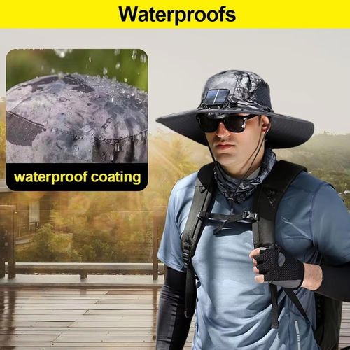dual USB solar rechargeable fan summer outdoor sunscreen different camouflage wide brim polyester sun hat strap made of nylon
