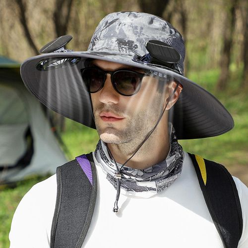 dual USB solar rechargeable fan summer outdoor sunscreen different camouflage wide brim polyester sun hat strap made of nylon