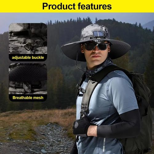 dual USB solar rechargeable fan summer outdoor sunscreen different camouflage wide brim polyester sun hat strap made of nylon