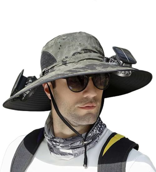 dual USB solar rechargeable fan summer outdoor sunscreen different camouflage wide brim polyester sun hat strap made of nylon