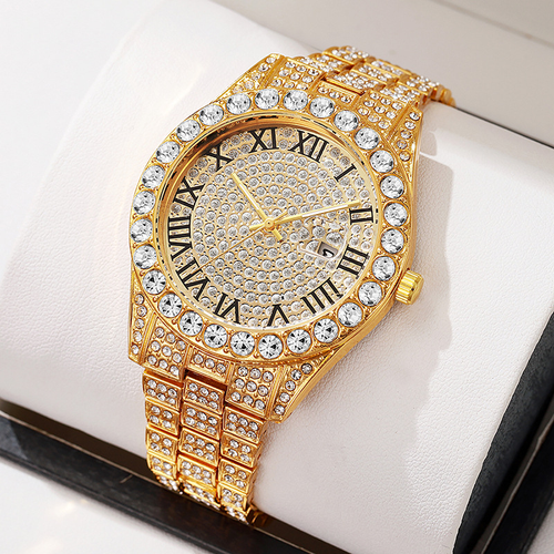 Iced Out Luxury Watch: Diamond-Encrusted Roman Dial + Date Display (Gold-Silver)
