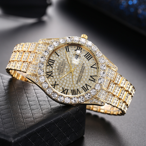 Iced Out Luxury Watch: Diamond-Encrusted Roman Dial + Date Display (Gold-Silver)