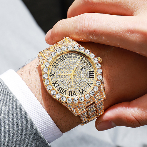 Iced Out Luxury Watch: Diamond-Encrusted Roman Dial + Date Display (Gold-Silver)