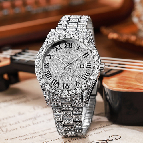 Iced Out Luxury Watch: Diamond-Encrusted Roman Dial + Date Display (Gold-Silver)
