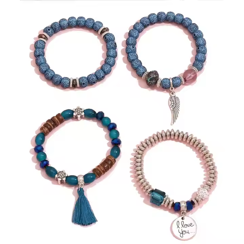 Bohemian - Style Multi - Layer Elastic Bracelet with Alloy Wings, Letter Round Pendant & Turquoise – Exude Free - Spirited Elegance