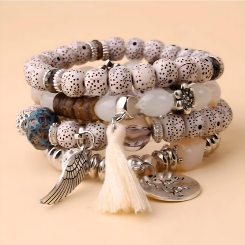Bohemian - Style Multi - Layer Elastic Bracelet with Alloy Wings, Letter Round Pendant & Turquoise – Exude Free - Spirited Elegance