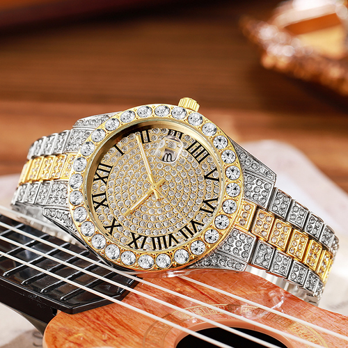 Iced Out Luxury Watch: Diamond-Encrusted Roman Dial + Date Display (Gold-Silver)
