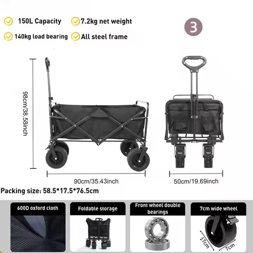 150L 140kg Foldable Wagon | All-Steel Frame | 360° All-Terrain Wheels | One-Second Fold | Camping & Home