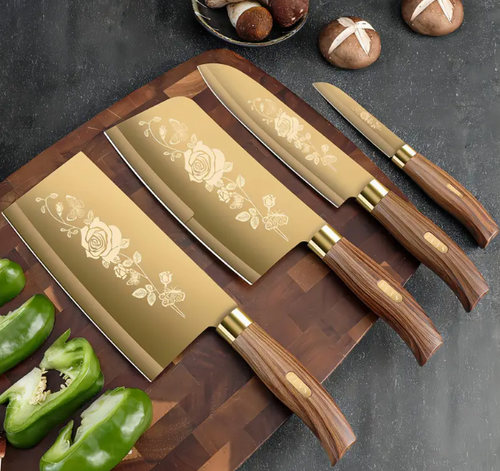Conjunto de Facas 4pcs Titanium Dourado, Facas de Chef e Fatiador