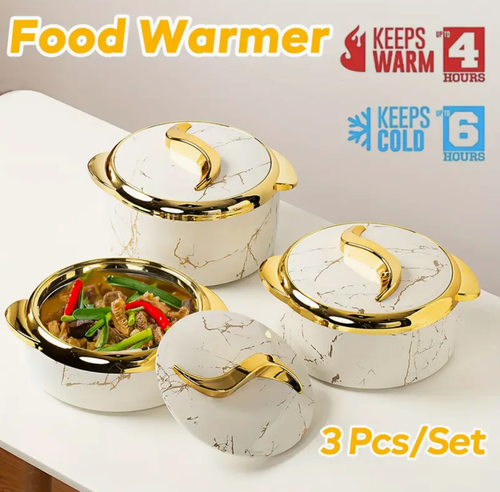 Conjunto de 3 peças para isolamento de alimentos Golden Touch - Caçarola de aço inoxidável com isolamento e tampa, marmorizada, mantém os alimentos quentes por 4 horas e frios por 6 horas, perfeita para pratos quentes e frios, bufês e panelas quentes
