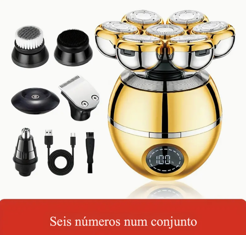 Aparador digital recarregável sem fio 5 em 1 - Kit de beleza para homens carecas com aparador de barba, cortador de cabelo com lâmina rotativa, aparador de pelos do nariz, escova e massageador.