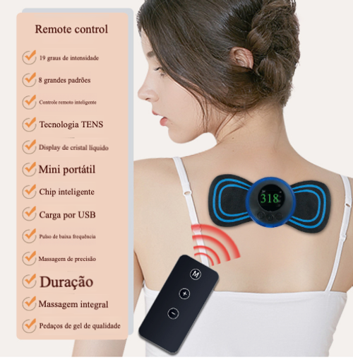 Massajador Cervical Elétrico Mini - Adesivo de Massagem EMS para Pescoço e Costas com 8 Modos, Alivia Fadiga Muscular e Promove Relaxamento