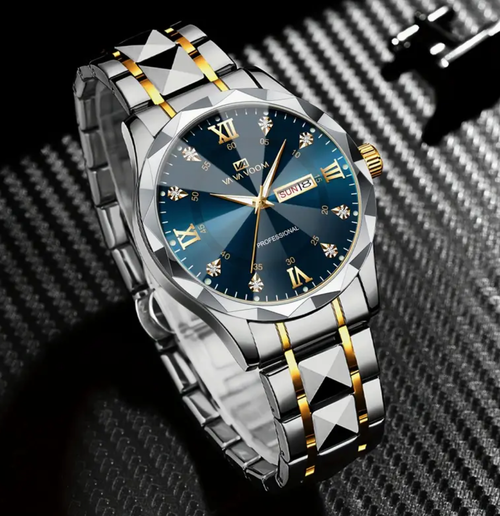 Relógio Masculino de Estilo Empresarial de Luxo em Aço Inoxidável | Moda Luminosa com Rebites | Movimento Quartzo | Azul e Dourado Deslumbrante | Estilo Esportivo Casual | Presente para Homens