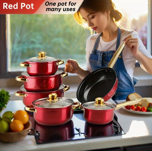 Conjunto de panelas de aço inoxidável vermelho com 12 peças, antiaderente, resistente ao calor, frigideira, panela, panela de ensopado, multifuncional, elegante, durável, adequado para todos os fogões