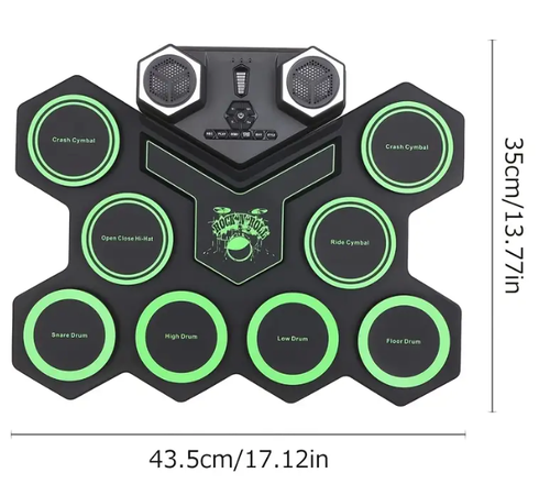 Bateria eletrônica portátil com alto-falantes duplos, 9 pads e gravação.