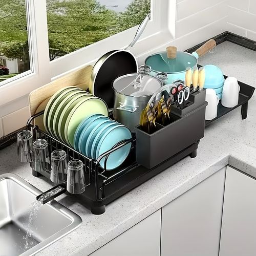 🥣Escorredor de loiça que poupa espaço Escorredor de loiça expansível para cozinha com escorredor de loiça | Organizador de bancada em metal preto para pratos, chávenas e utensílios, comprimento ajustável com suporte para utensílios e escorredor de copos