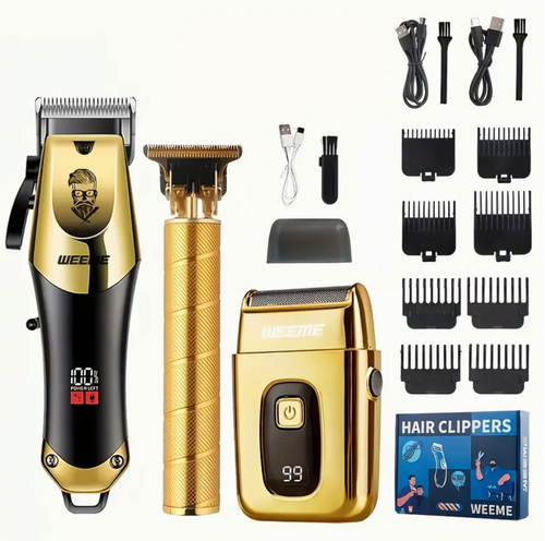 Conjunto de três peças para corte de cabelo dourado | 1 máquina de cortar cabelo profissional preta e dourada + 1 barbeador masculino dourado + 1 aparador T-Blade dourado + 8 pentes-guia + 3 cabos de alimentação USB + 3 escovas de limpeza + 1 pente | Dourado | Recarregável por USB, visor LCD | Kit de cuidados pessoais masculino, conjunto de corte de cabelo para barbeiro | Caixa de presente para o Dia dos Namorados, presentes para o Dia dos Pais, presentes de aniversário e presentes de feriado |