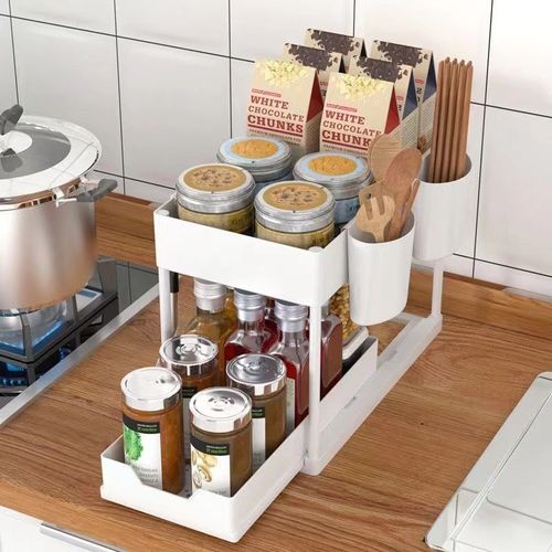 Bathroom,Kitchen Countertop Pull-Out Storage Rack – Two-Tier Organizer for Seasonings and Supplies