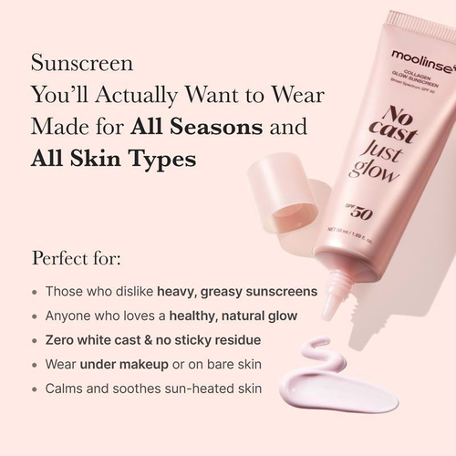 No Cast Just Glow Collagen Sunscreen | SPF 50 Broad Spectrum Face Sunscreen | Lightweight, Non-Sticky, Hydrating Formula | No White Cast or Residue I Peptide, Cica for Soothing & Natural Glow