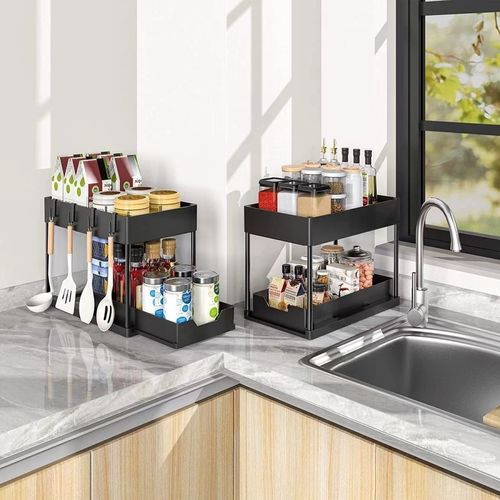 Bathroom,Kitchen Countertop Pull-Out Storage Rack – Two-Tier Organizer for Seasonings and Supplies