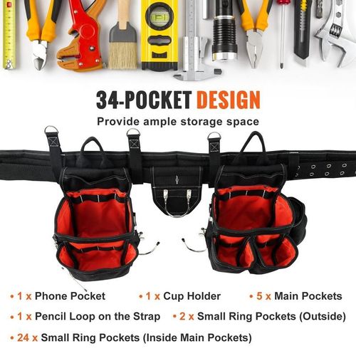 Tool Belt with Suspenders, 34 Pockets, 29-54 inches Adjustable Waist Size, Tool Belts for Men, 1250D Nylon Heavy Duty Carpenter Tool Pouch for Carpenters, Electricians, and Gardening