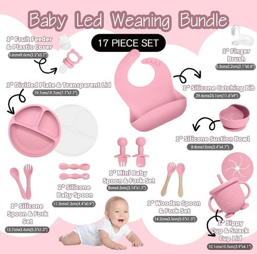 Baby Led Weaning Supplies, 17 Piece BPA-Free Silicone Feeding Set, Eating Essentials Baby Utensils with Suction Plate and Bowl, Pocket Bib, Sippy Cup with Lid, for 6+ Months