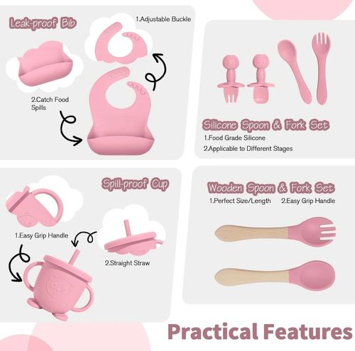 Baby Led Weaning Supplies, 17 Piece BPA-Free Silicone Feeding Set, Eating Essentials Baby Utensils with Suction Plate and Bowl, Pocket Bib, Sippy Cup with Lid, for 6+ Months