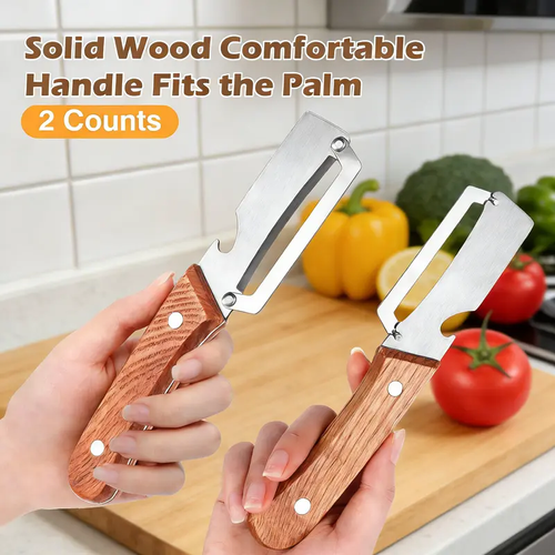 Wooden-Handled Stainless Steel Sharp Peeler with Built-In Bottle Opener for Fruits & Vegetables Ergonomic Non-Slip Handle Long-Lasting Construction Essential Kitchen Tool