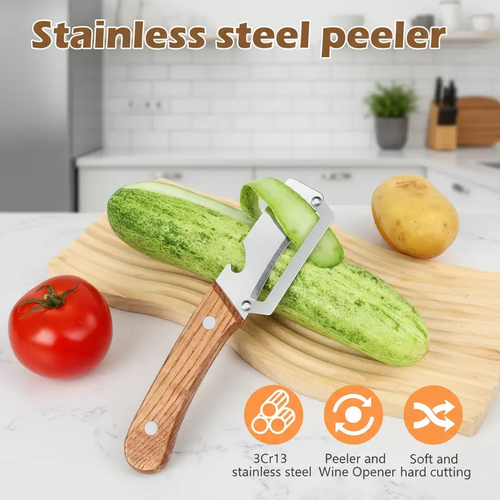 Wooden-Handled Stainless Steel Sharp Peeler with Built-In Bottle Opener for Fruits & Vegetables Ergonomic Non-Slip Handle Long-Lasting Construction Essential Kitchen Tool