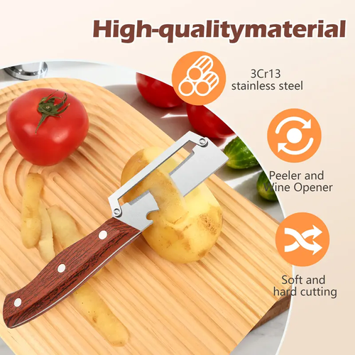 Wooden-Handled Stainless Steel Sharp Peeler with Built-In Bottle Opener for Fruits & Vegetables Ergonomic Non-Slip Handle Long-Lasting Construction Essential Kitchen Tool