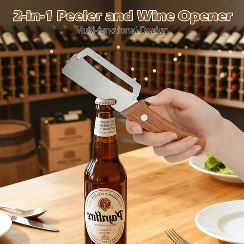 Wooden-Handled Stainless Steel Sharp Peeler with Built-In Bottle Opener for Fruits & Vegetables Ergonomic Non-Slip Handle Long-Lasting Construction Essential Kitchen Tool