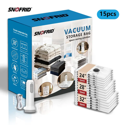 Cordless Travel Vacuum Storage Compression Bag Set – 15-Pack in 3 Sizes – USB Rechargeable Handheld Pump with Built-In Battery – Waterproof & Reusable Space Saver for Clothes & Packing, Perfect for Carry-On Suitcases