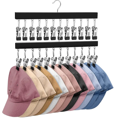 5 Pieces Wooden Hat Organizer with 12 Stainless Steel Clips Holds Baseball Basketball Golf Caps Jeans & Yoga Pants Fits All Cap Sizes Black hanger,gift,hanging clothes,multi hanger,hanger clips,legging hanger,skirt hanger,wardrobe storage