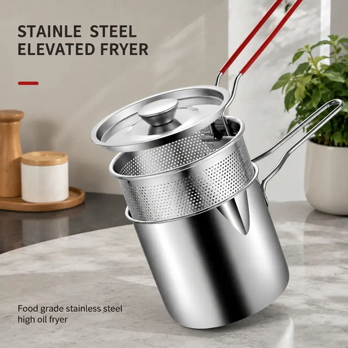 Stainless Steel Deep Fryer Set - 5.12*4.72in 1-Person Mini Pot with Fry Pot, Filter Basket & Food Clip, Rust-Resistant Portable Cookware for Home Kitchen Chips, Chicken Wings
