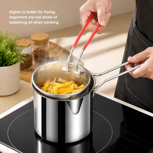 Stainless Steel Deep Fryer Set - 5.12*4.72in 1-Person Mini Pot with Fry Pot, Filter Basket & Food Clip, Rust-Resistant Portable Cookware for Home Kitchen Chips, Chicken Wings