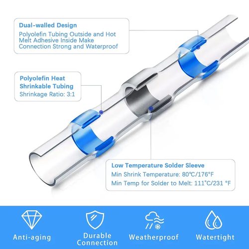 300PCS Haisstronica Bulk Pack Solder Seal Wire Connectors - Waterproof Heat-Shrink Tube Butt Terminal with Self-Solder, Adhesives, Abrasion Resistance for Marine, Automotive Applications
