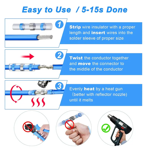 300PCS Haisstronica Bulk Pack Solder Seal Wire Connectors - Waterproof Heat-Shrink Tube Butt Terminal with Self-Solder, Adhesives, Abrasion Resistance for Marine, Automotive Applications