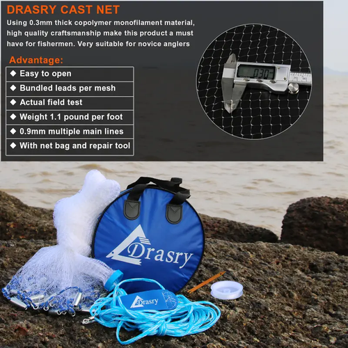 Saltwater American Fishing Cast Net 3,8inch Mesh Size for Bait Shrimp Trap Fish Heavy Duty Sinkers Throw Net 6FT Radius