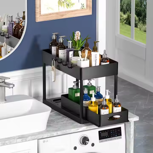 Bathroom,Kitchen Countertop Pull-Out Storage Rack – Two-Tier Organizer for Seasonings and Supplies