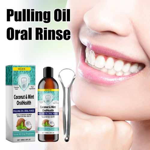 Coconut Mint Pulling Oil Mouthwash Alcohol-free Teeth Whitening Fresh Oral Breath Tongue Scraper Set Mouth Health Care