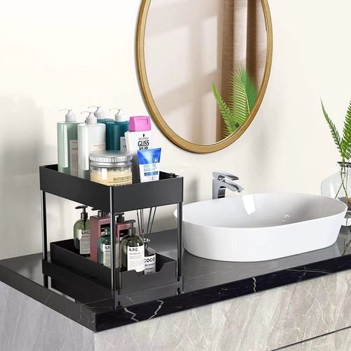 Bathroom,Kitchen Countertop Pull-Out Storage Rack – Two-Tier Organizer for Seasonings and Supplies