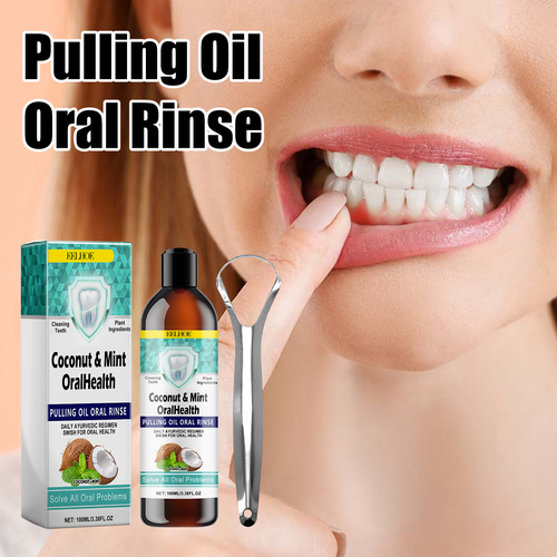 Coconut Mint Pulling Oil Mouthwash Alcohol-free Teeth Whitening Fresh Oral Breath Tongue Scraper Set Mouth Health Care
