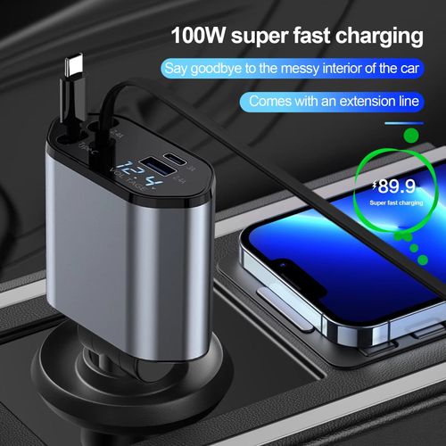 4 in 1 Retractable Car Charger ,100W Retractable Car Charger – Dual USB Ports with Built-in USB-C & Lightning Cables