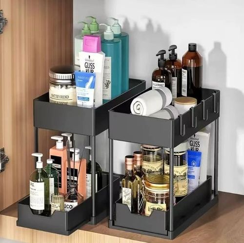 Kitchen Bathroom Under Sliding Cabinet Basket Organizer 2 Tier Under Sink Organizer With Hooks Hanging Cup and Chopstick Holders
