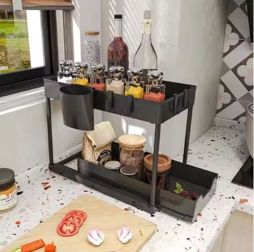 Kitchen Bathroom Under Sliding Cabinet Basket Organizer 2 Tier Under Sink Organizer With Hooks Hanging Cup and Chopstick Holders